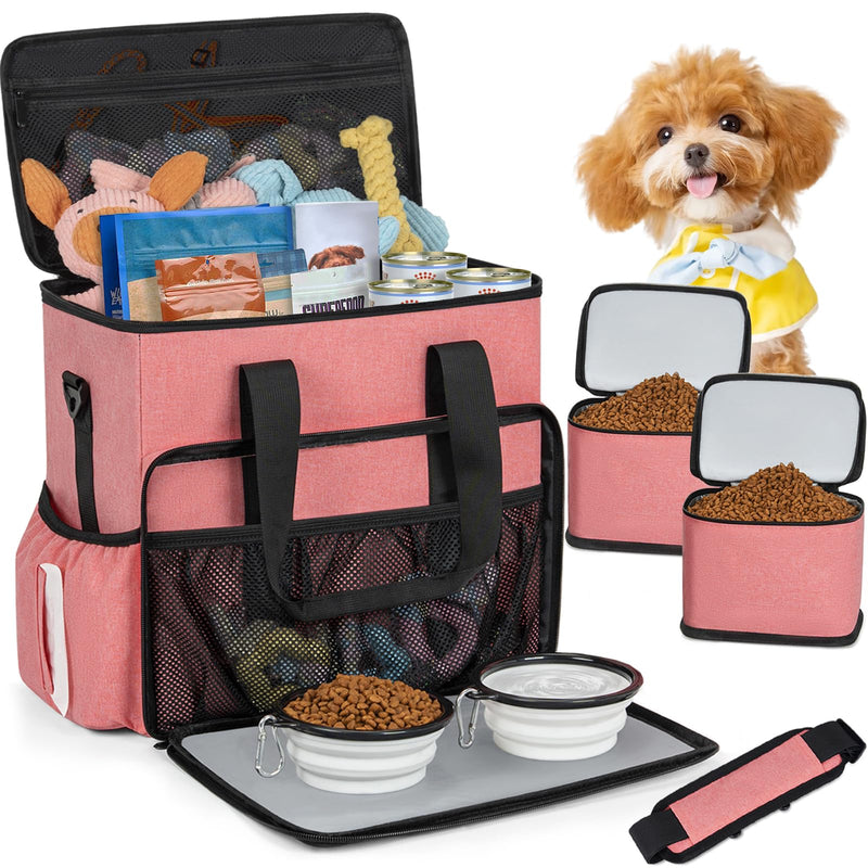 TORIBIO Dog Travel Bag,Large Pet Travel Bag for Supplies with 2 Food Container and Collapsible Bowls,Dog Travel Supplies Organizer Kit for Weekend,Road Trips,Camping Pink - PawsPlanet Australia