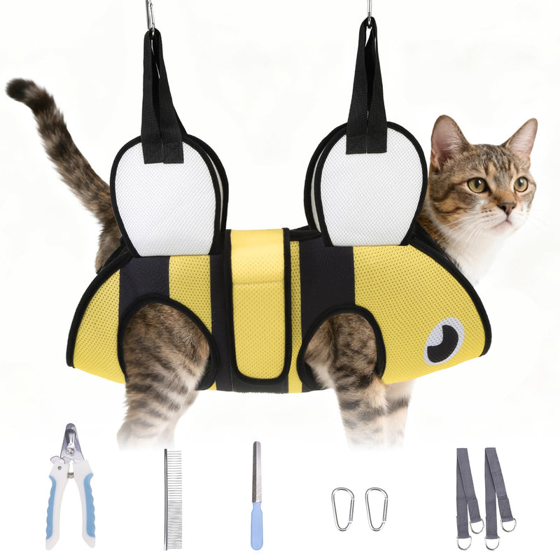Dog Grooming Hammock for Small Dogs Cats, Cute Bee Design Dog Hanging Harness for Nail Trimming/Clipping, Pet Sling with Grooming Kit and Thick Neck Support & Strap Restraint Claw Care, XS X-Small Yellow Bee