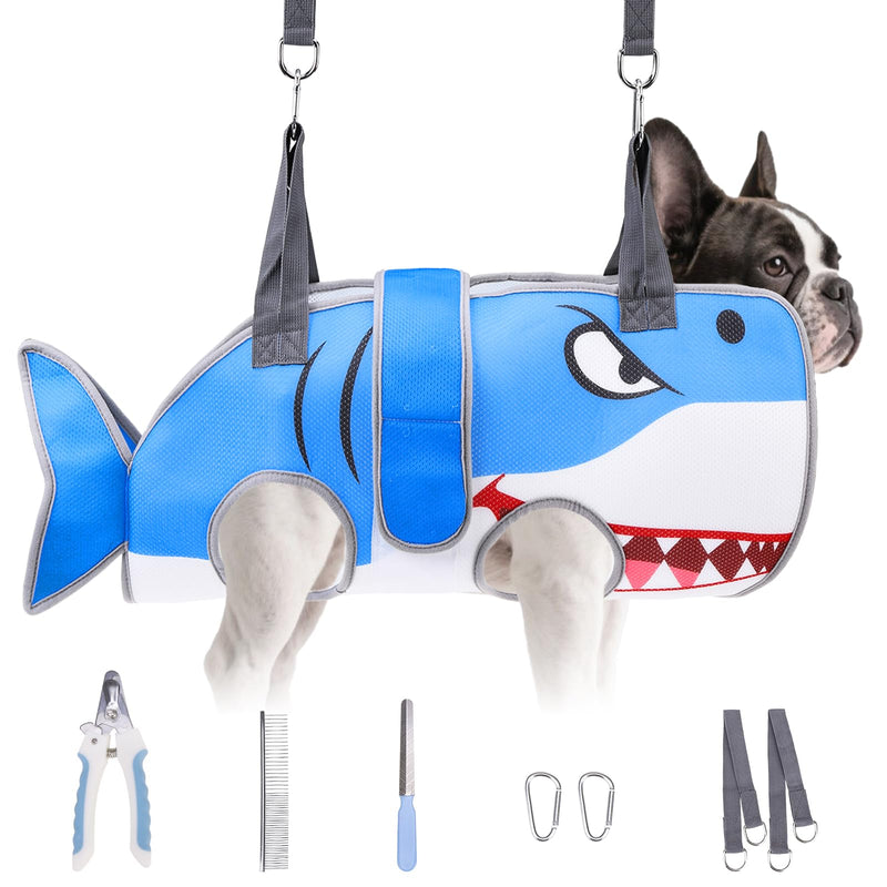 Dog Grooming Hammock for Small Dogs Cats, Cute Shark Design Dog Hanging Harness for Nail Trimming/Clipping, Pet Sling with Grooming Kit and Thick Neck Support & Strap Restraint Claw Care, S Blue Shark - PawsPlanet Australia