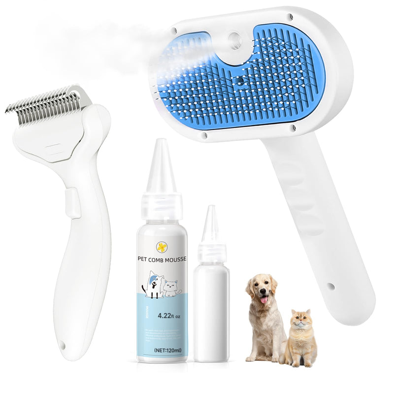 Pet Steam Brush for Dog & Cat - 3-in-1 Steam Grooming Slicker Brush & Undercoat Rake for Shedding - Self Cleaning Spray Comb with Mist for Long & Short Haired Pets - Includes Waterless Shampoo, Blue - PawsPlanet Australia