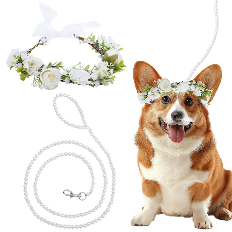 2Pcs Dog Wedding Flower Collar with Pearls Beaded Leash, Dog Flower Collar Wedding and Leash Set Pearls, Elegant Dogs Flowers Headband, Pet Photo Prop for Medium Dogs Floral Collars Pet - PawsPlanet Australia