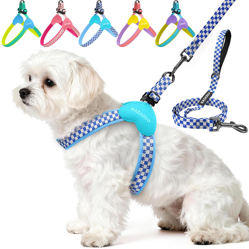 Kazazoo No Pull Small Dog Harness and Leash Set, Adjustable Puppy Soft Vest Harness with Breathable Mesh Padded, Reflective Lightweight Harness with Buckle for Extra Small Medium Dogs, Blue Plaid XS - PawsPlanet Australia