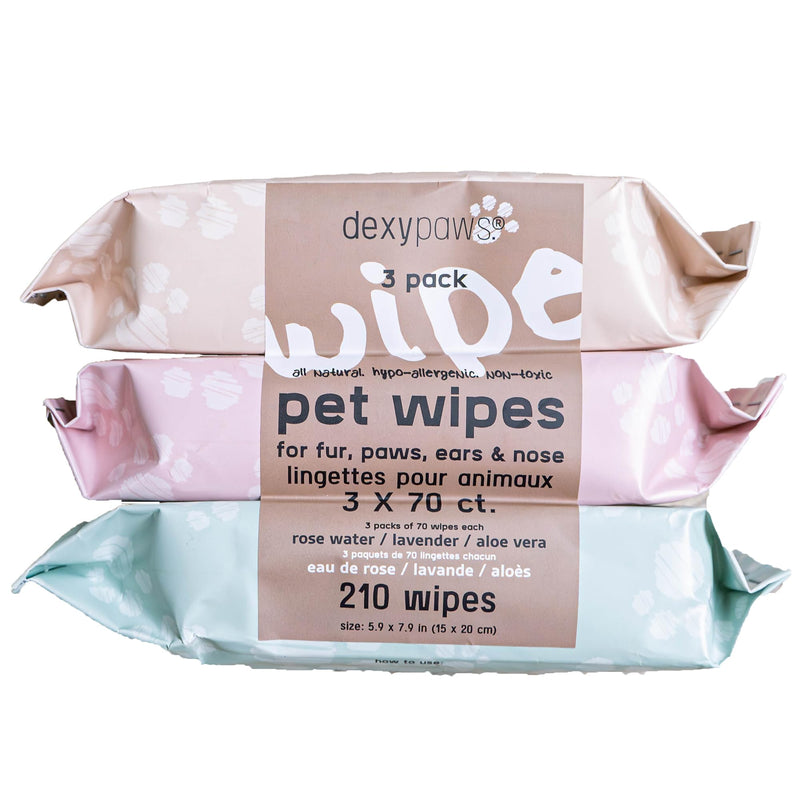 Pet Cleansing Wipes - 3 Packs (70ct Each) - Aloe-Lavender-Rose Water - Wet Wipes for Dogs & Cats, Fur-Paws-Face, Natural Pet Safe Grooming - PawsPlanet Australia