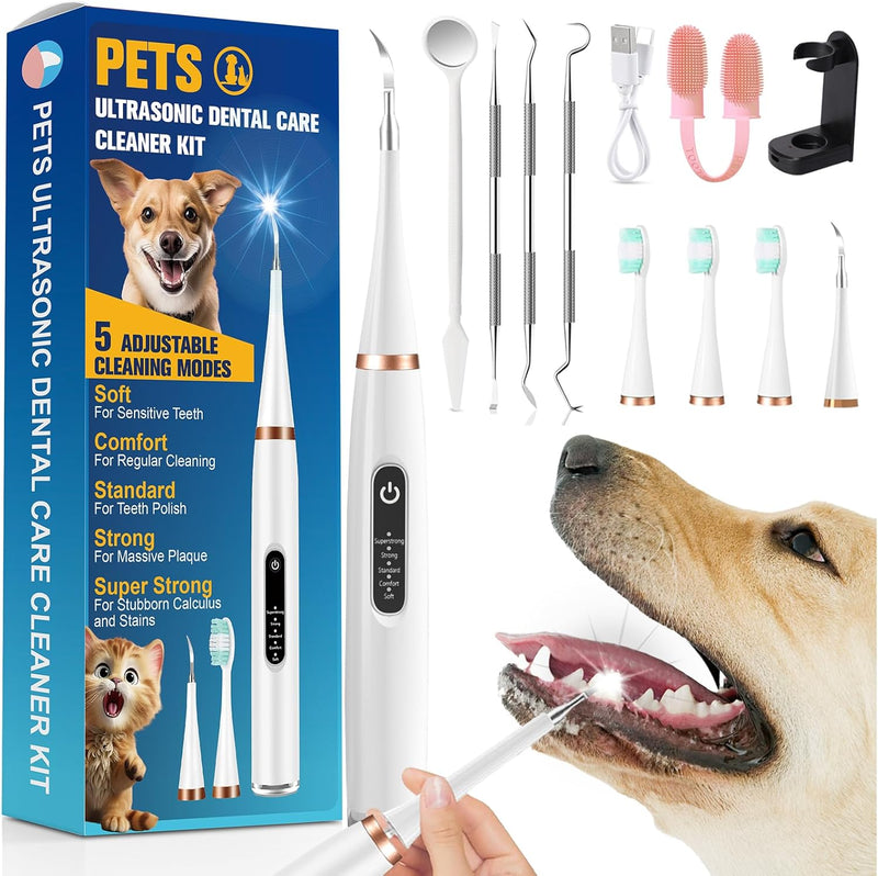 Dog Tartar Remover for Teeth, Dental Tools to Remove Plaque and Tartar, Pet Teeth Cleaning Kit with LED Light & USB, 5 Modes, IPX6 Waterproof, Silent Sonic for All Dogs and Cats, White - PawsPlanet Australia