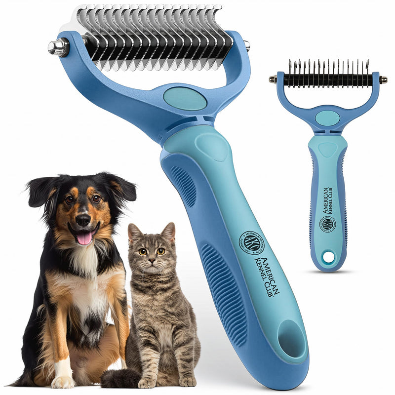 AKC-Dog & Cat Detangle Rake Style Brush | Durable & Effective | Anti- Slip & Easy Maintenance | Portable & Easy to Use | Stainless Steel Blades & Safety Guard | Detangling and Dematting Comb for Pets