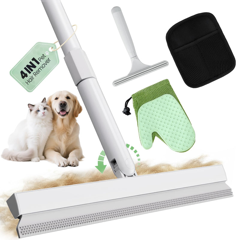 Carpet Rake for Pet Hair Removal Tool - 4 in 1 Pet Hair Remover Kit for Dog Cat Fur Remover, Contain 60" Adjustable Rubber Broom, Glove, Magic Brush and Scraper for Home Furniture, Rugs, Mats - PawsPlanet Australia