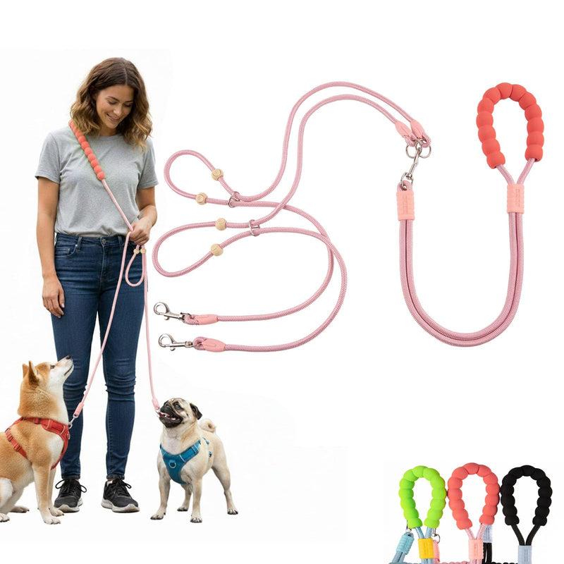 Hands Free Dog Leash, Double Leash for 2 Dogs, Crossbody Wear with Adjustable Length Split Leads and Padded Handles Blush Two Dogs