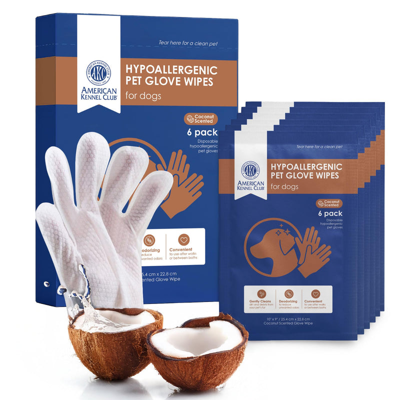 AKC Coconut-Scented Pet Bathing Gloves – 6-Pack Deodorizing & Cleaning Wipes for Dogs & Cats – Gentle, Hypoallergenic, No-Rinse Grooming Mitts for Sensitive Skin, Quick Cleanups & Travel - PawsPlanet Australia