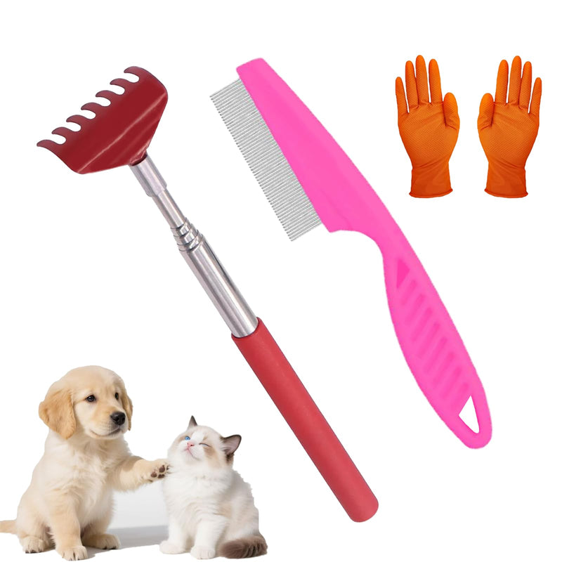 3-in-1 Pet Grooming Kit for Small Animals, Including a Telescopic Scratcher, a Flea and Lice Comb, and a Pair of Massage Gloves, Pet Massage Set for Dogs, Cats, Rabbits, Guinea Pigs, Hamsters, etc - PawsPlanet Australia