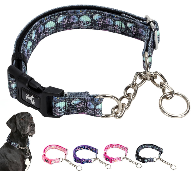 Martingale Collar - Reflective Nylon with Padded Comfort & Quick Release Buckle - Skull Design, No Slip Choke Heavy Duty Collar for Safe Training, Walking & Nighttime Use M 4 M (Neck 14"-18") - PawsPlanet Australia