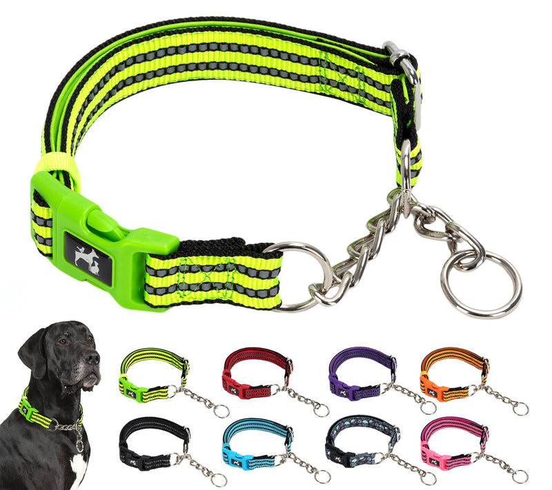 Green Reflective Martingale Dog Collar with Buckle- Night-Safe, Anti-Slip Training Collar Designed for Secure Walks - Large G L (Neck 16"-23") - PawsPlanet Australia