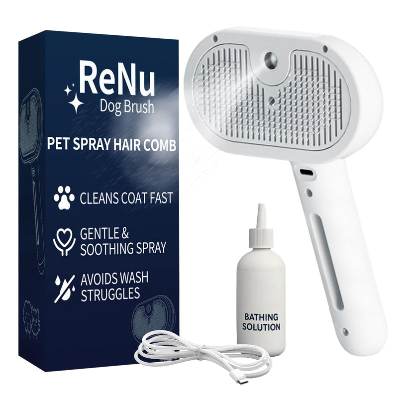Fresh Fur Shower Brush for Dogs, 3 In 1 Self Cleaning Steamy Pet Brush, Pets Spray Hair Removal Comb - Anti-Static, Dog Grooming Tool With Steam | Skin-Friendly Design (White) White - PawsPlanet Australia