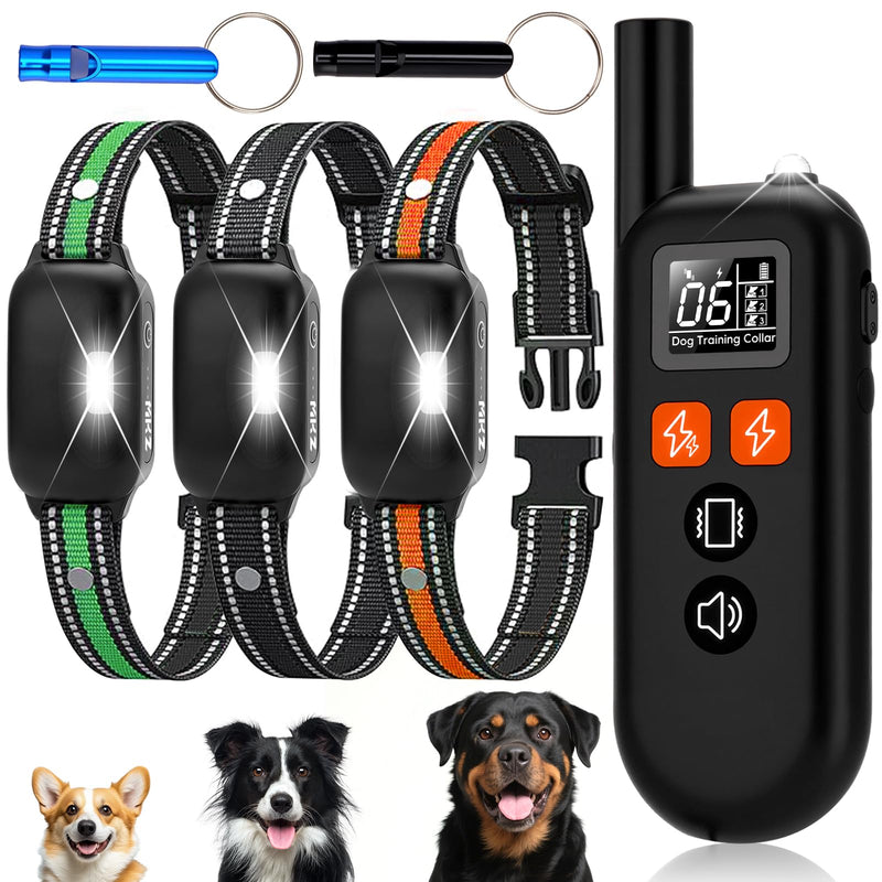 3 Dog Shock Collar with Remote,4200FT Dog Training Collar with Battery Display, 4 Trainning Modes,Rechargeable Electric Dog Collar for Small Medium Large Dogs (15-120Lbs) with Flash Light Black-Orang-Green - PawsPlanet Australia