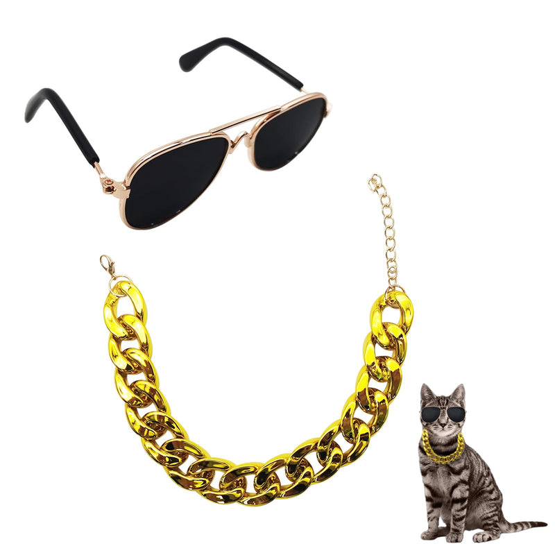 2 Pcs Gold Cat Chain Collar and Glasses Set, Adjustable Cat Cuban Link Collar with Black Glasses, Lightweight Pet Jewelry and Stylish Accessories - PawsPlanet Australia