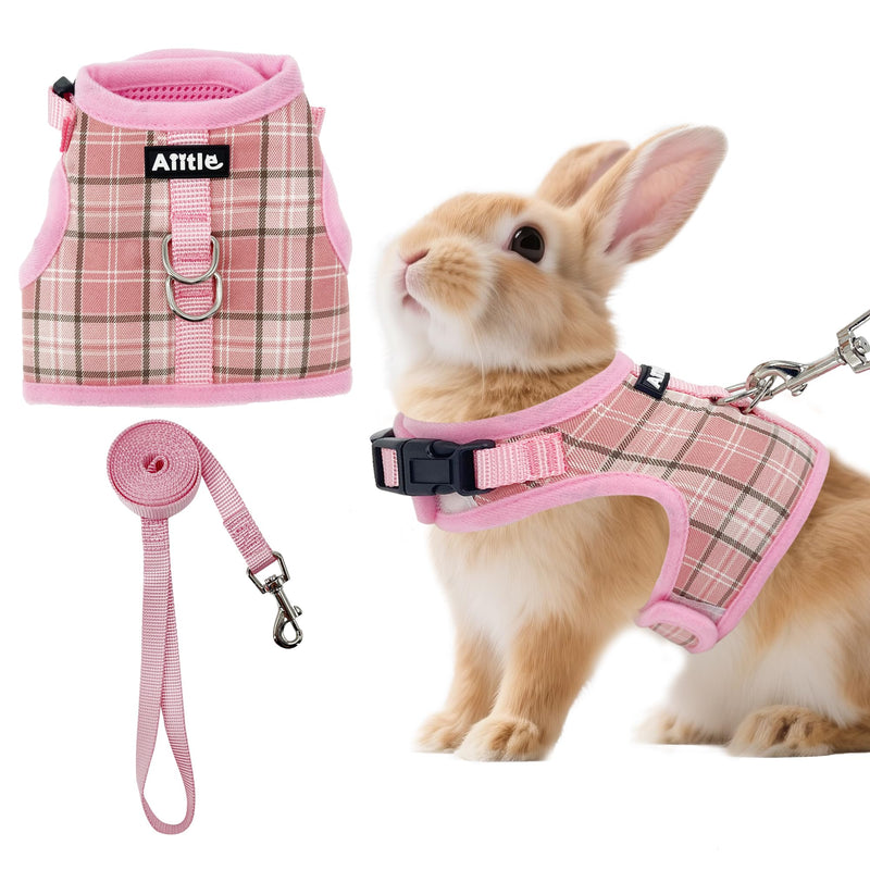 AIITLE Breathable Rabbit Harness and Leash Set - Plaid Pattern Padded Vest with Magic Tape Design, Dual D-Rings, Adjustable for Small Animal Pets, Indoor Outdoor Training Camping, Pink M - PawsPlanet Australia