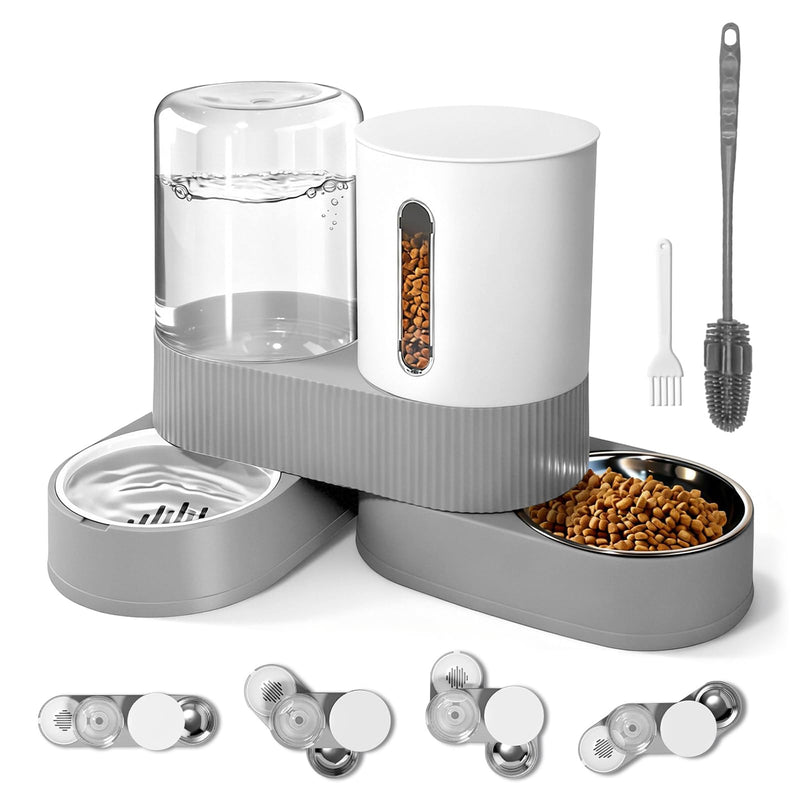 Automatic Gravity Cat Dog Feeder and Water Dispenser with 304 Stainless Steel Bowls 2 in 1 360 Degree Rotatable Auto 2.4L Dry Food and 2.6L Water Bowl for Small Medium Pet Dog Puppy Kitten (Gray) Gray - PawsPlanet Australia