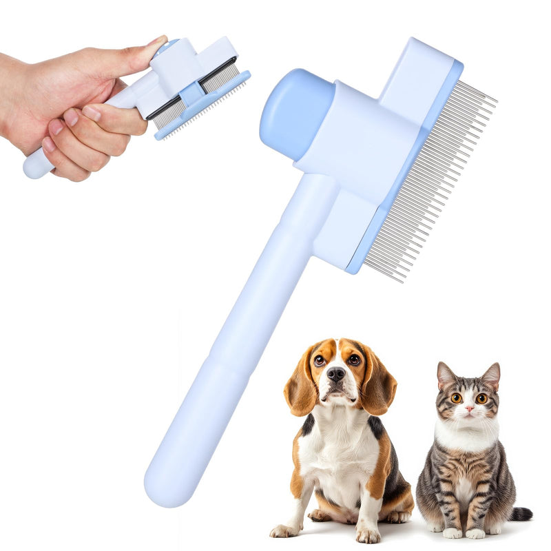 Pet Comb for Cats & Dogs, Pet Hair Removal Tool Flea Comb Self-Cleaning Pets Combs with Long & Short Stainless Steel Metal Teeth for Shedding and Tangles with Release Button - PawsPlanet Australia