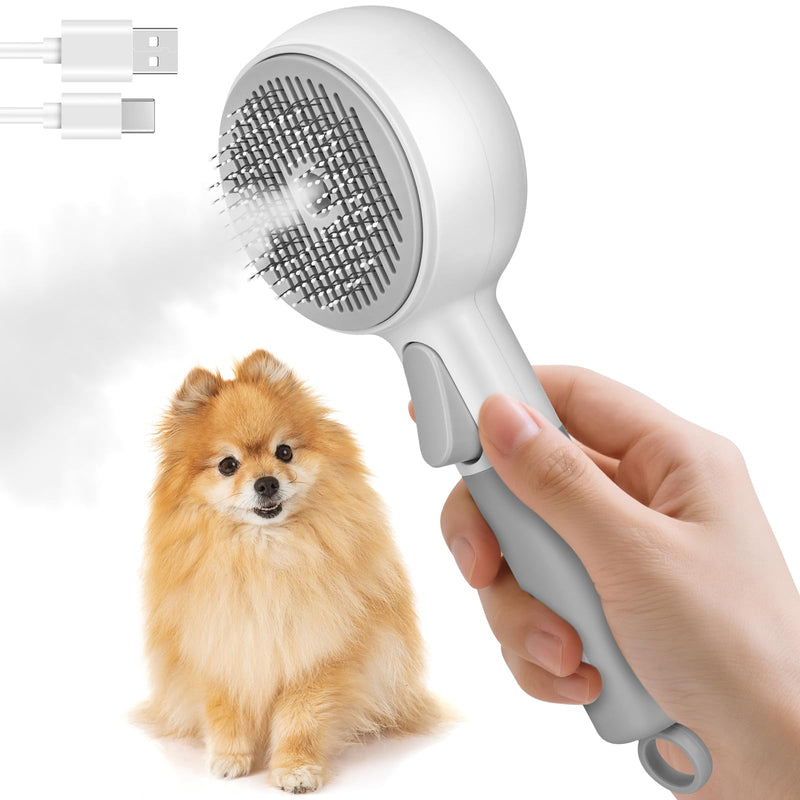 Dog Steam Brush with 2 Cleaning Modes, 3 In 1 Cat Steam Brush with Release Button and Tank, Anti-Static Cat Spray Comb for Effective Hair Removal, Rechargeable Steamy Dog Comb for Furry Pet GRAY