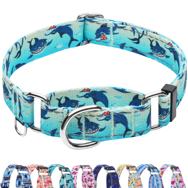 Reflective Martingale Collar for Dogs Nylon Training Collar with No Buckle, No Pull Boy Male Dog Collar for Medium Dogs（Green Shark，M） Green Shark