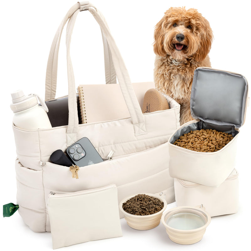 rubyloo Puffer Dog Travel Bag for Dog Moms – Doggy Diaper Bag with Pet Bowls & Food Storage or Everyday Puffy Tote – Doggy Mom Gifts for Women – Lightweight, Travel-Ready Gift for Pet Lovers – Beige - PawsPlanet Australia