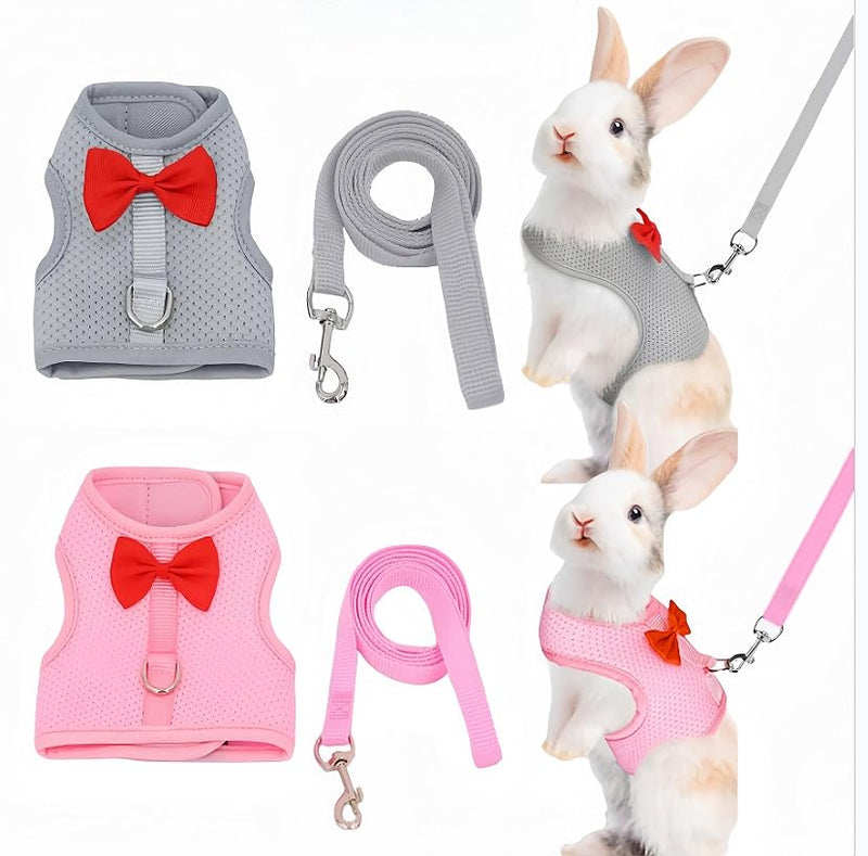 2 Pack Adjustable Bunny Rabbit Harness and Leash Set Breathable Mesh Vest Harness for Rabbits Kitten Ferret Puppy Small Pets Walking Supplies-Grey&Pink,S - PawsPlanet Australia