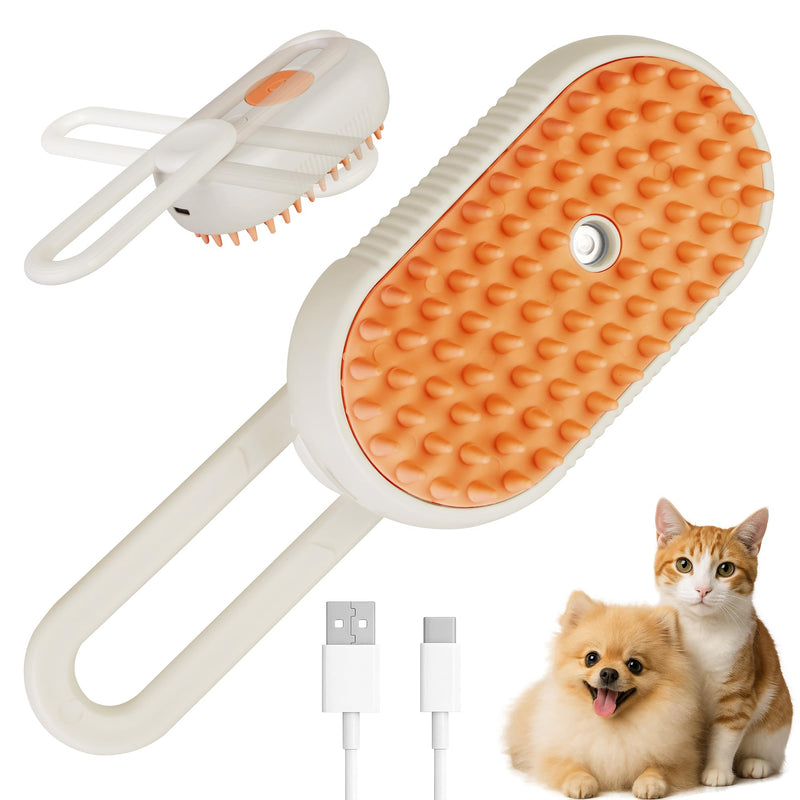 Cat Dog Hair Steam Brush: 4 in 1 Pet Grooming Tool Rechargeable Groomer Silicone Comb for Massage, Cleaning, Shedding and Combing, Anti-Static, 360° Portable Handle for Long or Short Hair Pet (Orange) Orange - PawsPlanet Australia