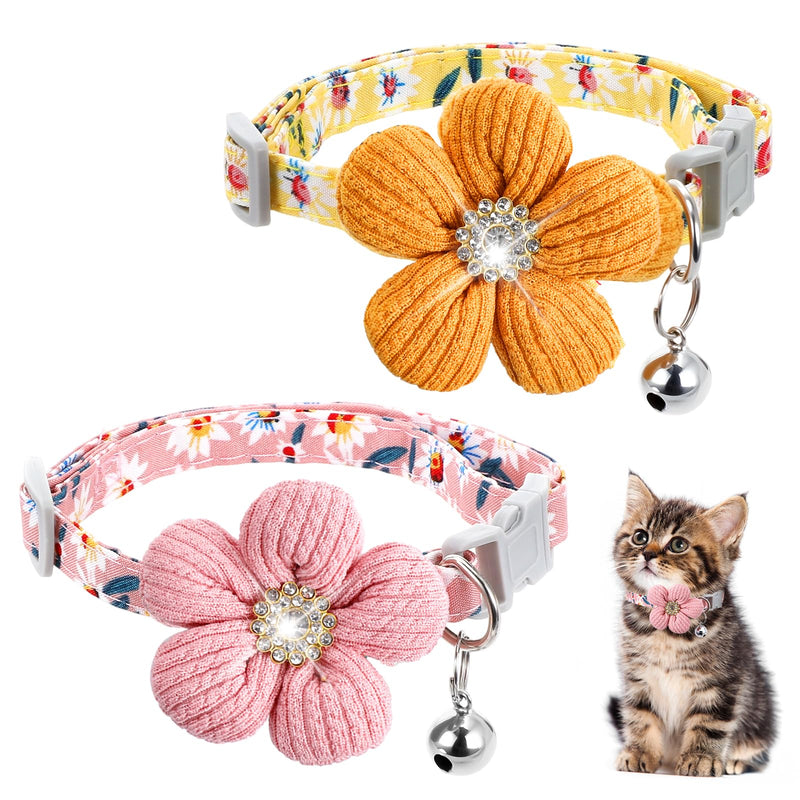2pcs Kitten Collars with Bells, Adjustable Cute Collars for Girl Dogs, Breakaway Cat Collar Girl with Knitted Flowers & Safety Buckle for Cats and Puppy Dog (Pink, Yellow) - PawsPlanet Australia