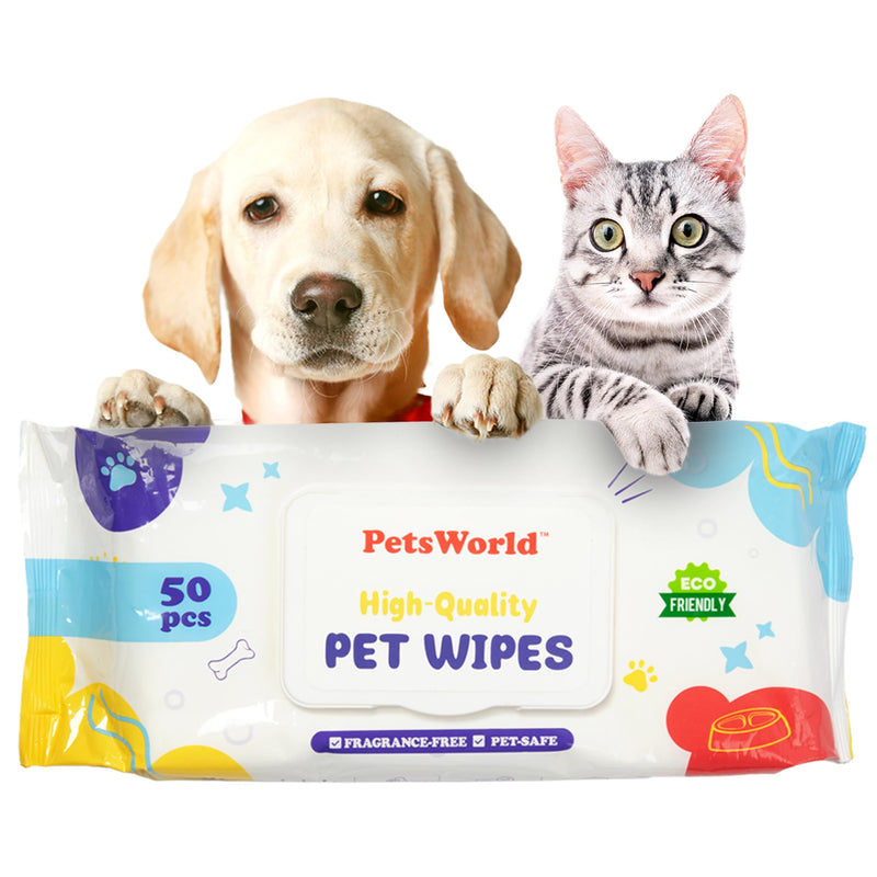 PETSWORLD Pet Wipes for Dogs & Cats, Unscented, Hypoallergenic, Chemical-Free, Biodegradable (98%), Thick & Durable, Textured Grooming Wipes (Unscented, 50 Count) - PawsPlanet Australia
