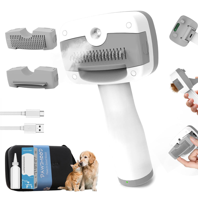 5-in-1 Pet Steam Brush for Dogs & Cats-Self-Cleaning Steam Dog Brush with 3 Swap-in Heads (Grooming, Dematting, Deshedding),Cat Spray Hair Removal Comb,Includes Pet Essence & Storage Case 8.0"-3 Swap-in Brush - PawsPlanet Australia
