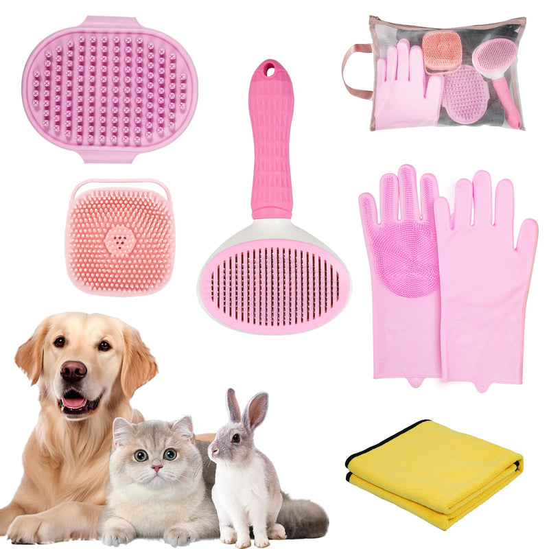 6-in-1 Dog Bath Supplies, Bath Grooming Kit with Storage Bag - Self Cleaning Slicker Brush, Shampoo Brush & Scrubber, Dog Grooming Gloves for Short & Long Haired Dogs & Cats (Pink) - PawsPlanet Australia