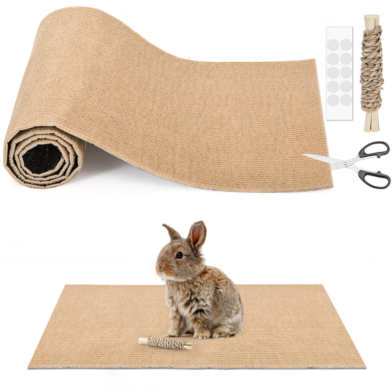 Rabbit Scratch Pad 3.28FT Self Adhesive Cuttable Rabbit Scratching Pad with Seagrass Sweet Bamboo Stick Biting Toys and Sticky Dot Stickers, Claws and Teeth Care Animal Scratching Mats for Pet Cages
