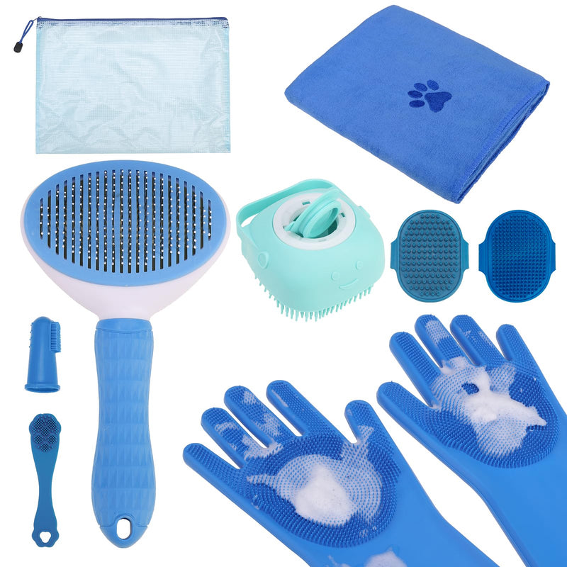PAWCHIE Bath Grooming Kit for Pets, 9 PCS Hair Brush Set with Towel,Washing Gloves,Bath Brush and Adjustable Handle Shampoo Brush & Scrubber for Short Long Haired Dogs and Cats,Dog Bath Supplies,Blue - PawsPlanet Australia