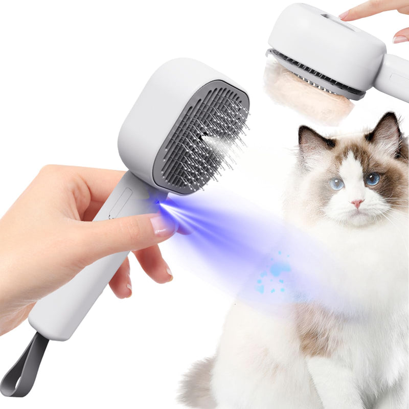 Pet Steam Brush for Cats, 4 in 1 Cat Brush for Long Haired Cats Kittens Dogs for Shedding Grooming Massage Self Cleaning (White Grey)