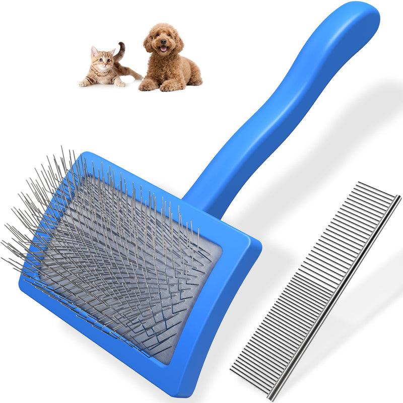 2PCS Slicker Brush for Dogs & Pet Comb,Professional Dog Grooming Brush (Goldendoodles,Poodles,Labradoodles) with Extra Long Pins to Effectively Remove Tangles, Knots and Mats (Blue, Medium) Blue