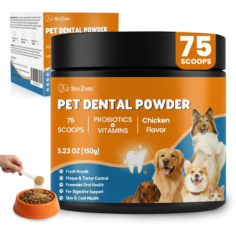 Dog Teeth Cleaning Powder - Plaque & Tartar Control, Breath Fresheners with Natural Seaweed, Probiotics, Vitamins, Turmeric & Enzymes for All Dogs & Cats (Chicken Flavor, 75 Scoops) - PawsPlanet Australia