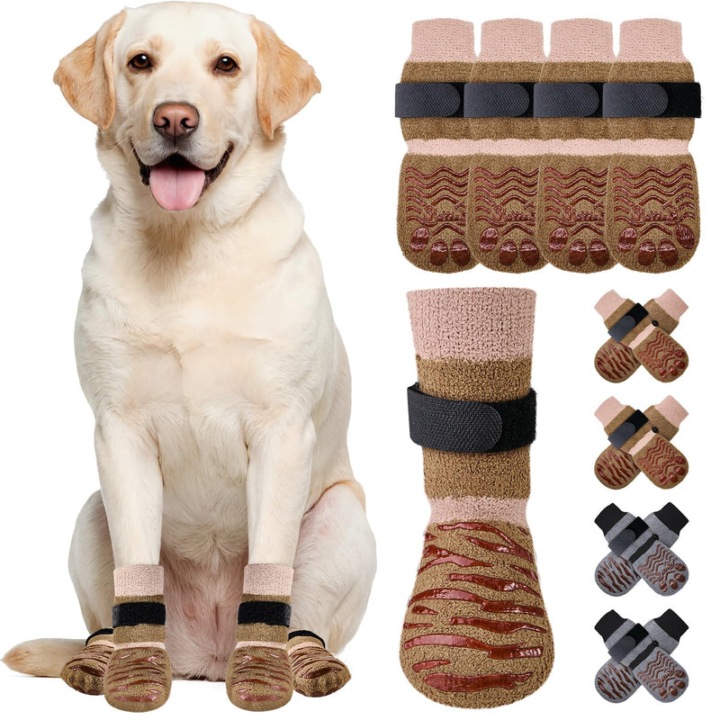 SlowTon Dog Socks with Double-Sided Grippers - 4PCS Dogs Grip Socks for Hot & Cold Pavement or Hard Floors, Non-Slip Paw Traction Protectors for Senior Small Medium Large Dogs(Brown, M) - PawsPlanet Australia