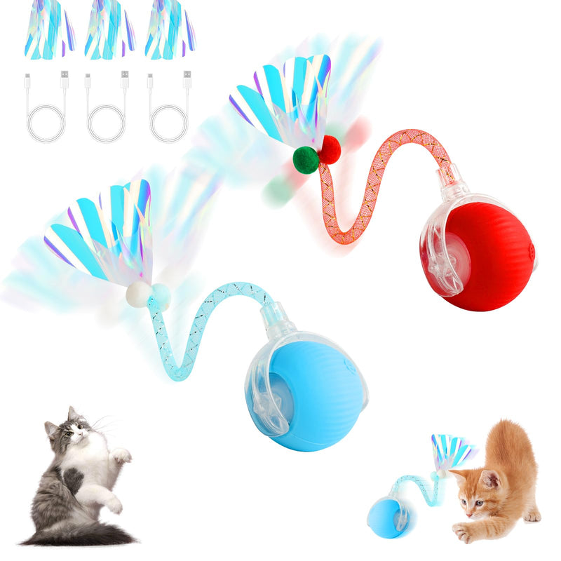 2 Packs Speed Tail 2.0 Interactive Cat Toys for Indoor Cats, Automatic Moving Cat Toy with Elastic Mesh Tail, Rechargeable Cats Ball for Enrichment Exercise red+blue - PawsPlanet Australia