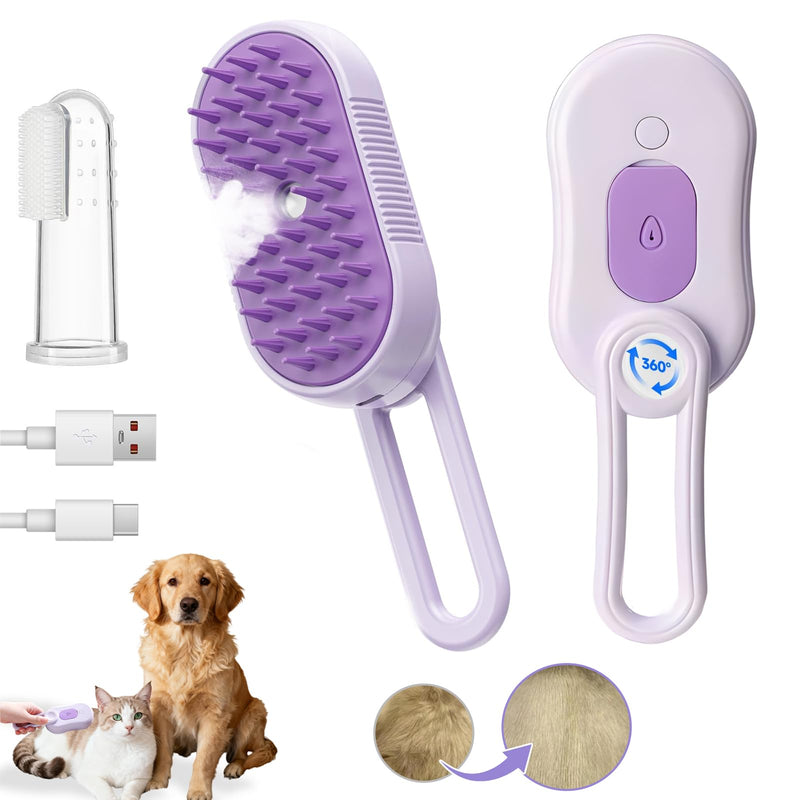 4-in-1 Cat & Dog Steam Deshedding Brush Series - Multi-Function Grooming Tool with Shedding, Cleaning, Massage & Combing -Includes Pet Finger Toothbrush for Dog＆Cat Teeth Cleaning(Purple) Purple - PawsPlanet Australia