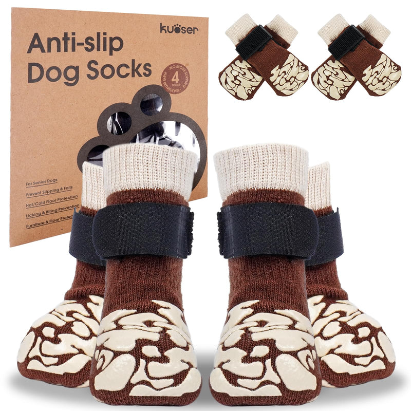 Kuoser Non-Slip Dog Socks, 4 Pcs Socks to Prevent Licking Paws, Paw Protectors for Hot Pavement, Hardwood Floors, Traction Control for Small, Medium, Large Dogs XS Brown