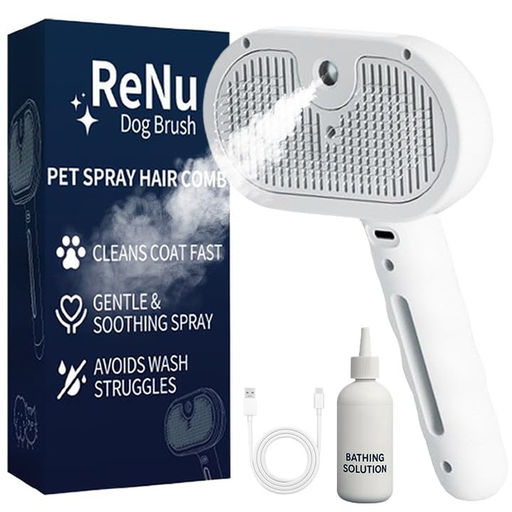 Fresh Fur Shower Brush, 3 In 1 Self Cleaning Pet Spray Hair Removal Comb, Pet Steamy Shower Brush + Bathing Solution, Removes Loose Hair & Reduces Shedding, for Long & Short Haired Pets (White) White - PawsPlanet Australia
