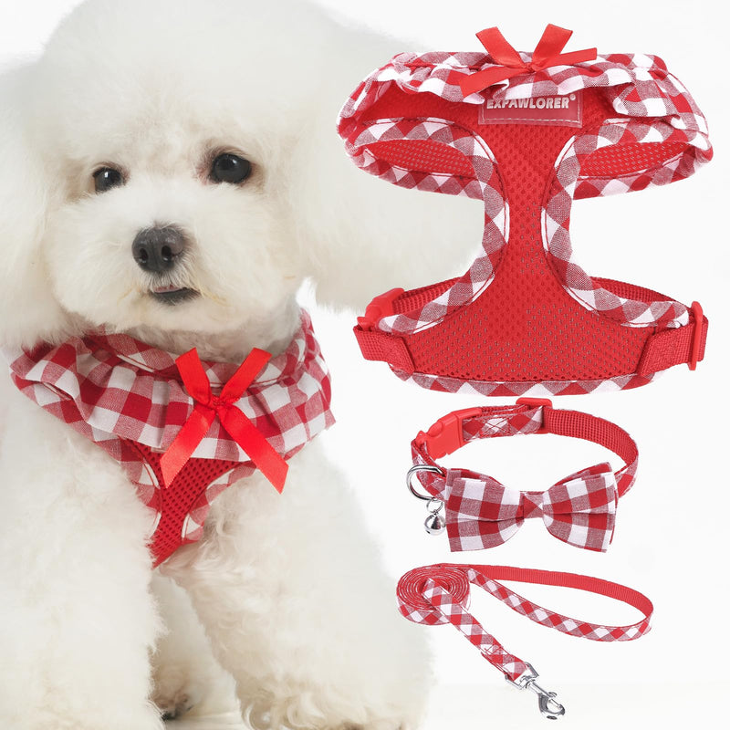 EXPAWLORER Cute Dog Harness Collar Leash Set - Red Girl Dog Harness Checkered Step-in Design, Detachable Bow Pet Collar, Adjustable No-Choke Lightweight Mesh Vest for Cats Puppy Small Dogs, S Red (with Collar) - PawsPlanet Australia