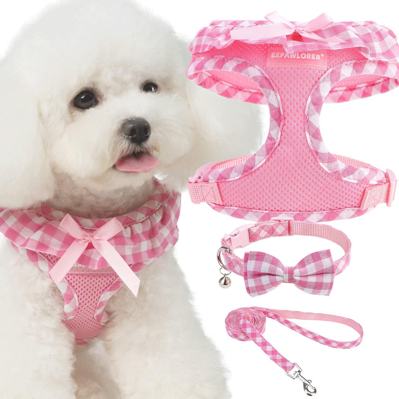 EXPAWLORER Cute Dog Harness Collar Leash Set - Pink Girl Dog Harness Checkered Step-in Design, Detachable Bow Pet Collar, Adjustable No-Choke Lightweight Mesh Vest for Cats Puppy Small Dogs, S Pink (with Collar) - PawsPlanet Australia