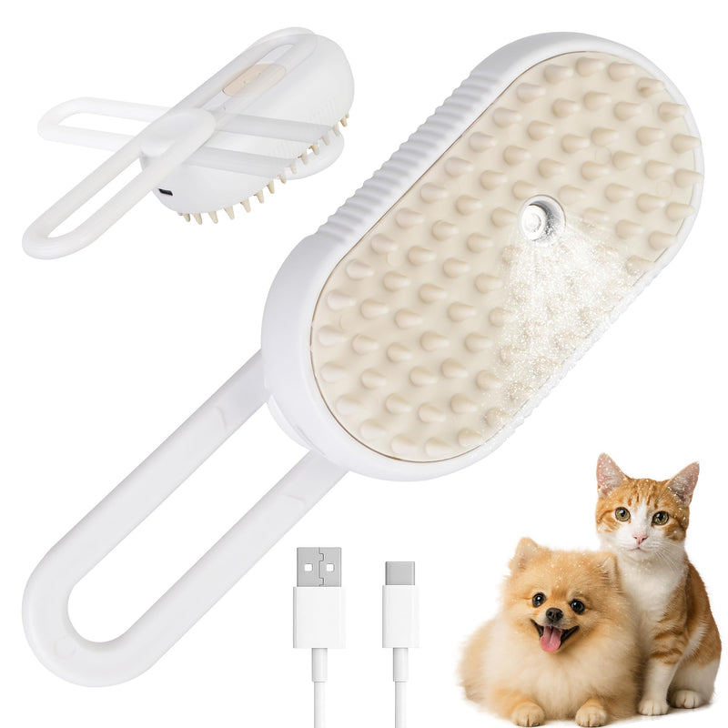 Cat Dog Hair Steam Brush: 4 in 1 Pet Grooming Tool Rechargeable Groomer Silicone Comb for Massage, Cleaning, Shedding and Combing, Anti-Static, 360° Portable Handle for Long or Short Hair Pet (White) White - PawsPlanet Australia