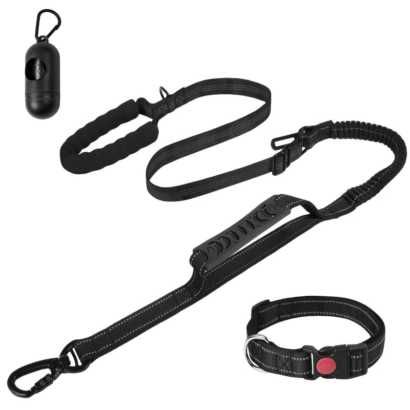 Heavy Duty Dog Leash for Large Dogs That Pull, 6Ft Bungee Shock Absorbing No Pull Leash with Double Handle, Quick Release Collar & Waste Bag Dispenser (Reflective, Black) - PawsPlanet Australia