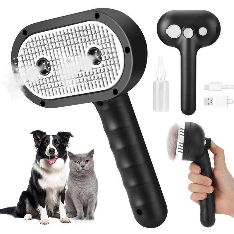 Cat Steam Brush for Grooming and Shedding for Long and Short Hair Pets Deshedding and Hair Removal tool for Dogs & Cats Self Cleaning 4 in 1 Massaging Pet Spray Spritz Defur Comb Black - PawsPlanet Australia