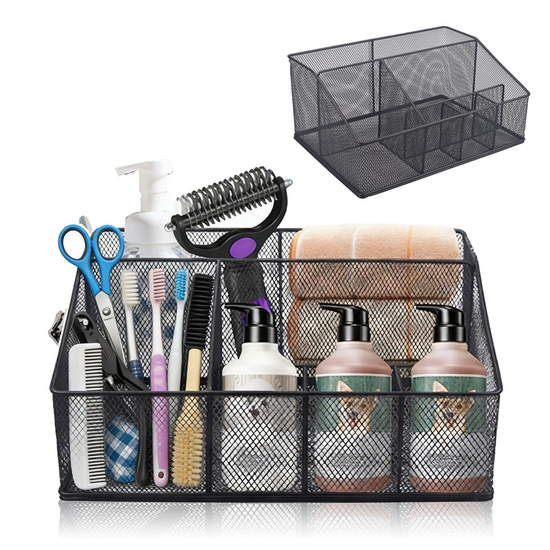 Universal Pet Grooming Supplies Organizer, 6-Compartment Mesh Wire Dog Storage Organizer for Grooming Supplies, Cat Blanket, Shampoo, Trimmer, Clipper, Brush - PawsPlanet Australia