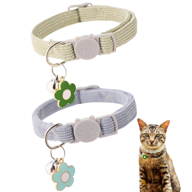 2 Pack Cat Collar with Bells, Corduroy Adjustable Kitten Collars with Breakaway Safety Buckle for Boy Girl Cats-Green Blue Green+Blue - PawsPlanet Australia