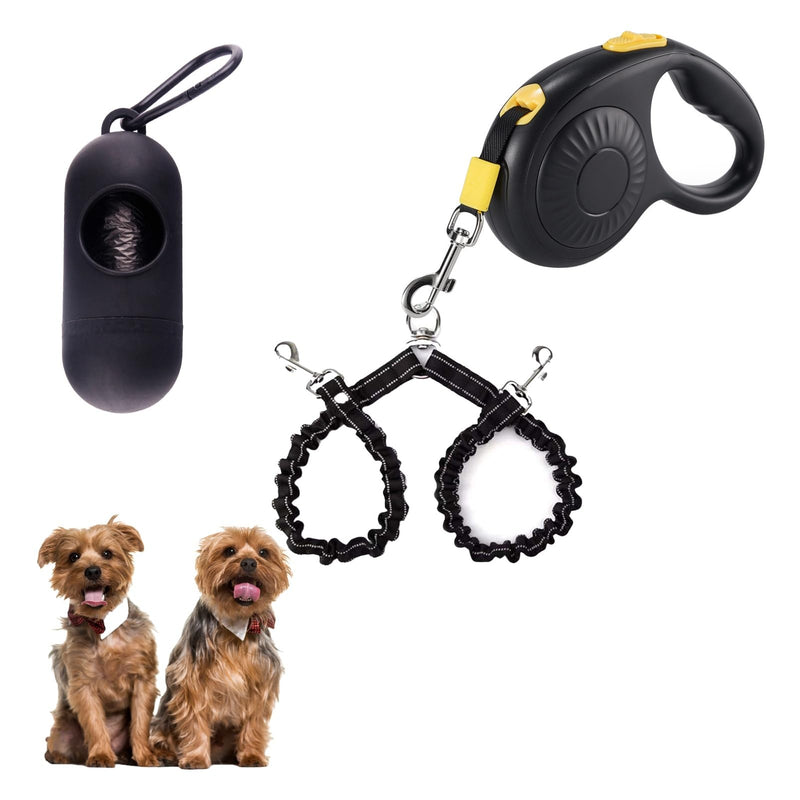 Double Dog Leash for Walking 2 Small Dogs (Up to 33 Lbs Each), Dual Retractable 9.8ft Extendable Strong Nylon Tape Pet Leash with Poop Bags, One-Handed Brake, Pause, Lock (Black) Black - PawsPlanet Australia