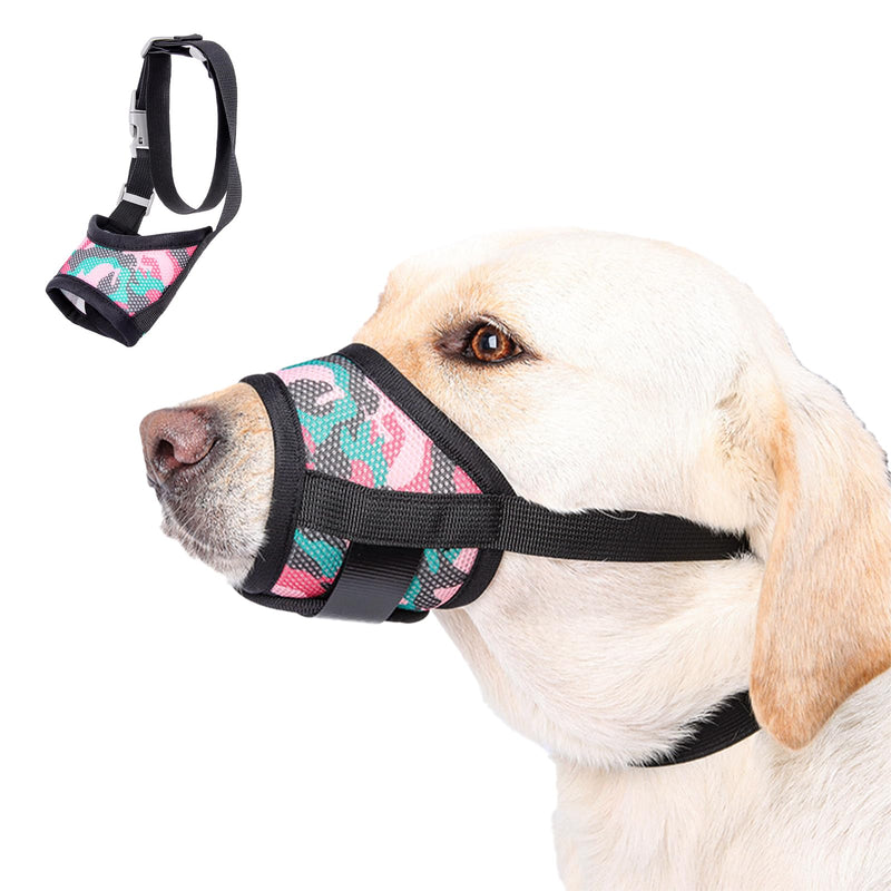 Dog Muzzle with Escape-Proof Elastic Neck Collar, Soft Breathable Air Mesh Mouth Cover Stops Biting Barking Chewing Allows Drinking Panting, Adjustable Muzzle for Small Medium Large Dogs Black/Pink M - PawsPlanet Australia