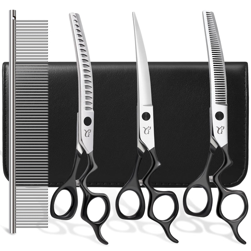 Dog Grooming Scissors,Curved Chunkers Shears Deg Grooming with Safety Round Tips, Sharp and Comfortable 4 in 1 Dog Scissers for Grooming Black - PawsPlanet Australia